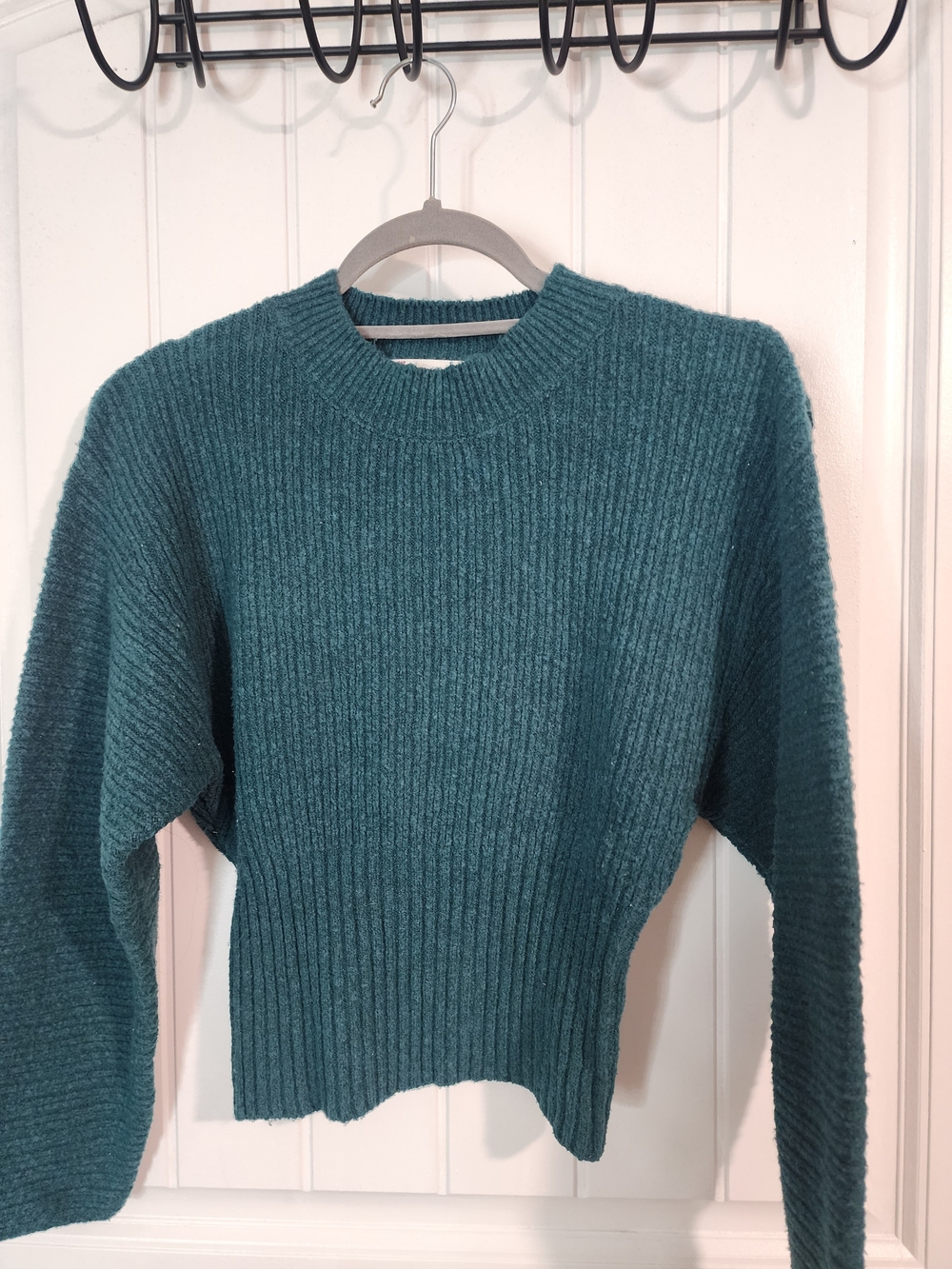 Pink Rose Teal Ribbed Crewneck Sweater